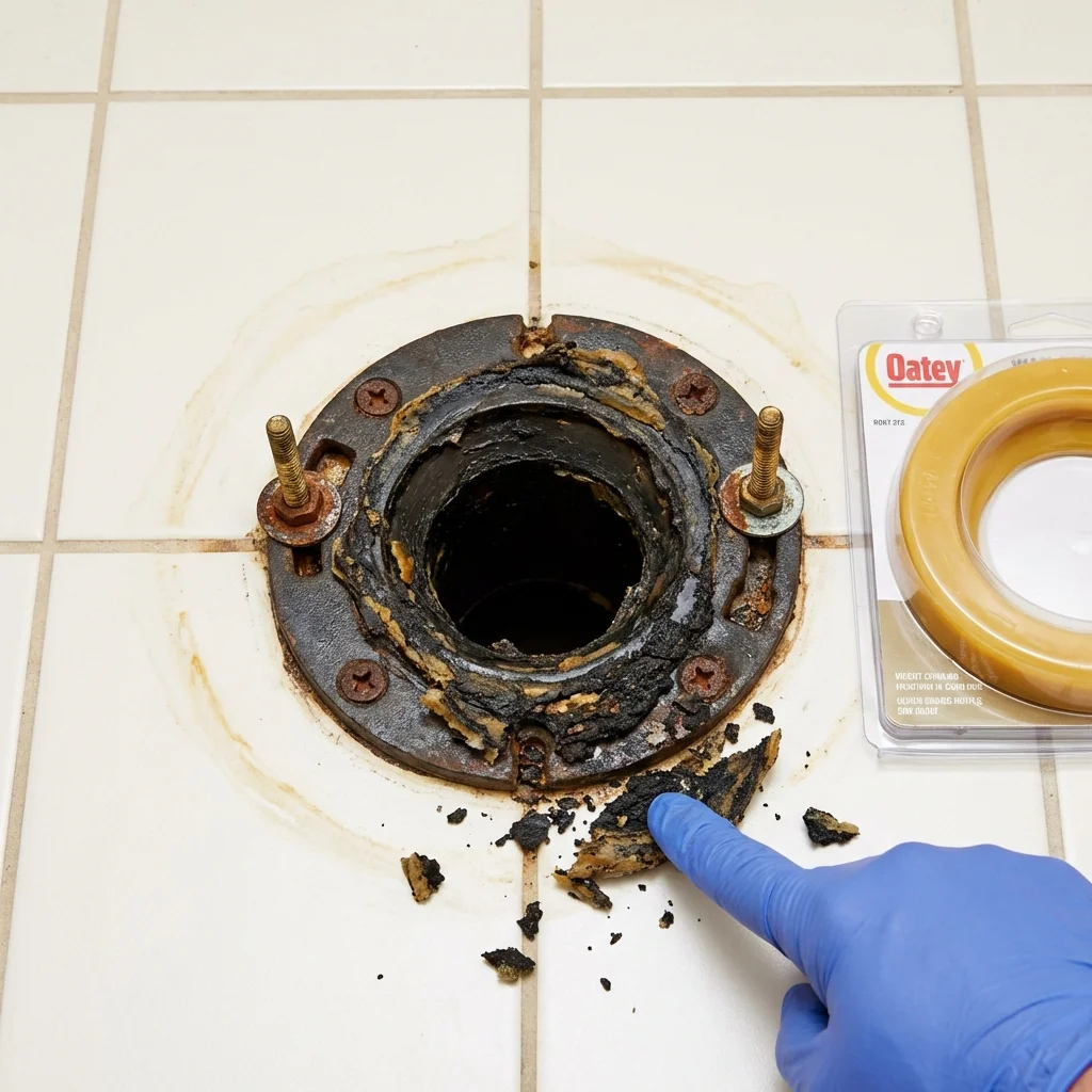 Failed wax ring showing water seepage at the base of a toilet in a Trenton, NE home