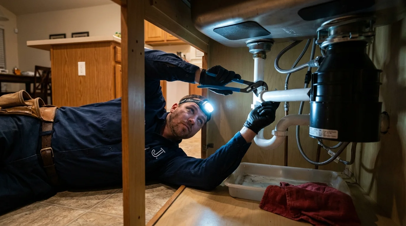 P-trap and supply line connections under a kitchen sink showing a common leak point in Trenton, NE